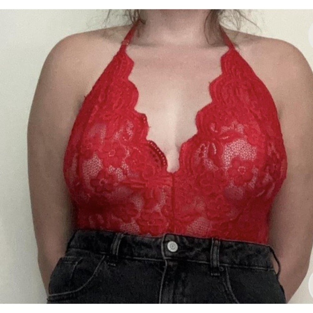 Floral Lace Halter Bodysuit‎ Plunging Neckline Low Back Adjustable Red M - Picture 2 of 14